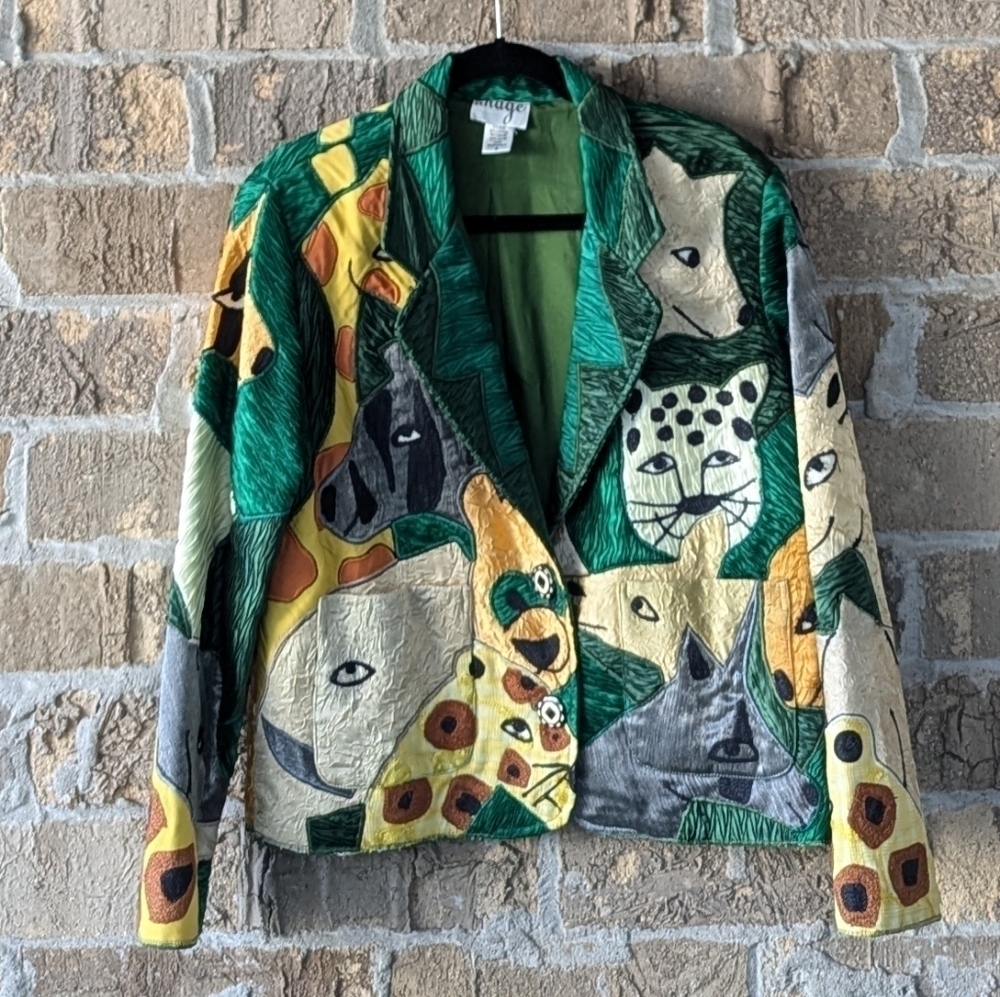 Vintage 90s Anage Jungle Cats Giraffe Zebra Patchwork Blazer Size Small - Picture 13 of 13